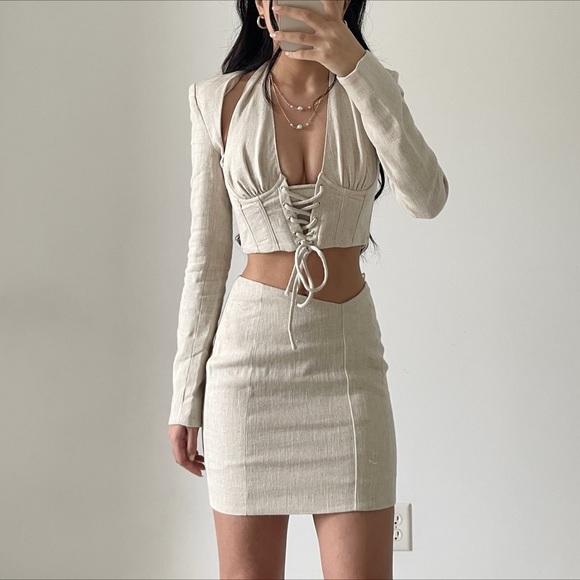 Fashion Nova Skirts New Long Sleeve Lace Up Halter Top And Skirt